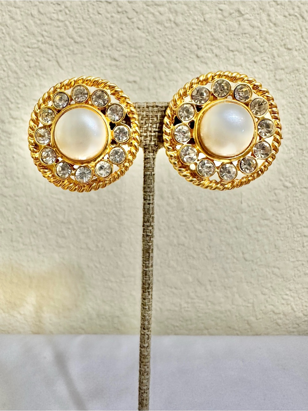 Gold-Tone Pearl & Crystal Button Earrings - Brand Unspecified